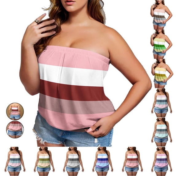 Frostluinai Womens Tube Tops for Plus Size Color Block Strapless Blousons Off Shoulder Loose Fit Tees Summer Casual Tanks