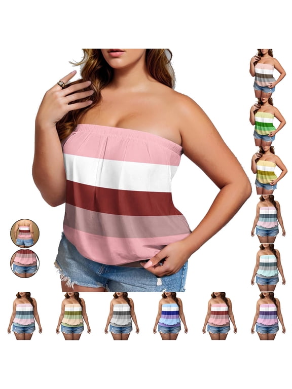 Womens Tube Tops for Plus Size Color Block Strapless Blousons Off Shoulder Loose Fit Tees Summer Casual Tanks