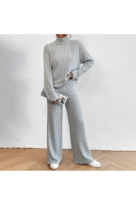 Womens Turtleneck Knit Sweater Sets Ribbed Knit 2 Piece Sets Long Sleeve Pullover Straight Wide Leg Pants Soft Loungewear Sets