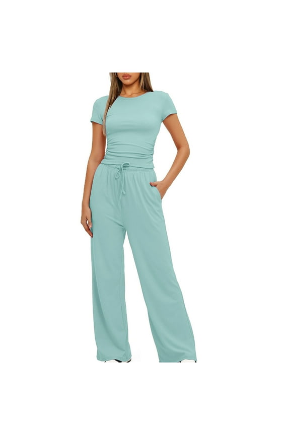 Womens Two Piece Sets Solid Tracksuits 2 Piece Short Sleeve Y2K Tops High Waist Wide Leg Pants Baggy Running Outfits with Pocket