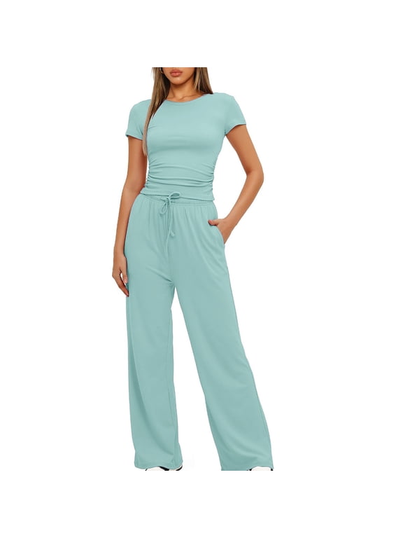 Womens Two Piece Sets Solid Tracksuits 2 Piece Short Sleeve Y2K Tops High Waist Wide Leg Pants Baggy Running Outfits with Pocket