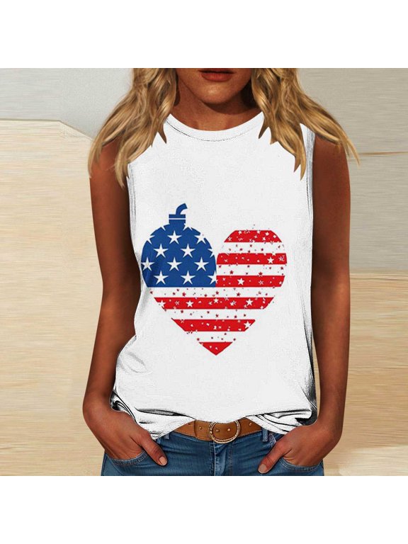 Womens USA Star Stripes Fourth July Tee Shirts Sleeveless Independence Day Tees Crew Neck Plus Size Tanks Gifts