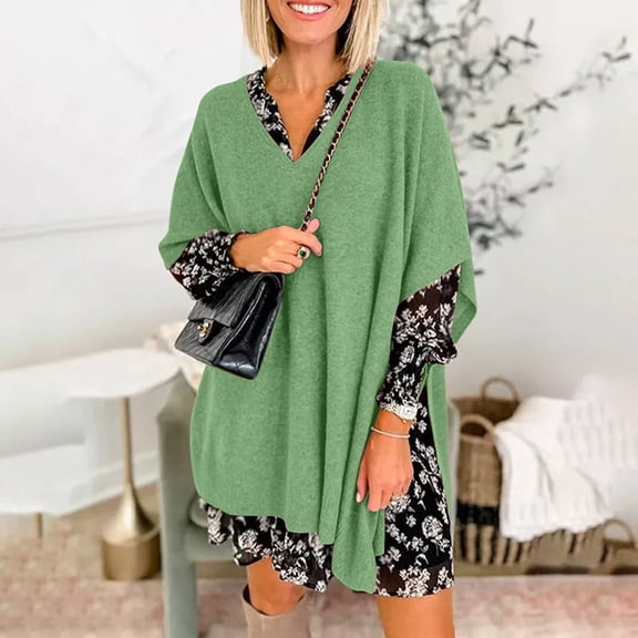 Frostluinai Womens V Neck Cape Sweaters Batwing Sleeve Solid Color Shawls Sweaters Loose Fit Fall Poncho Capes Lightweight Shawls Sweaters