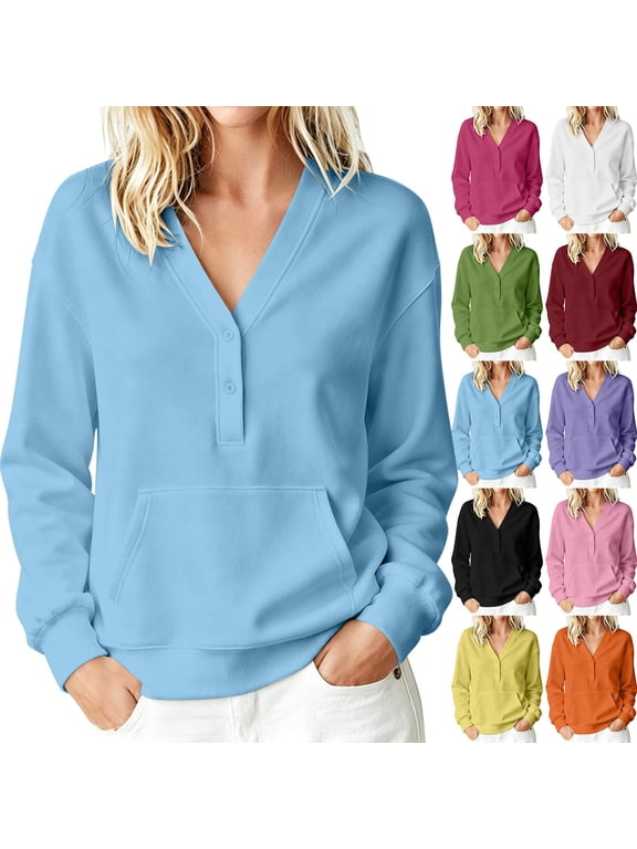 Womens V Neck Long Sleeve Sweatshirts Half Button Lightweight Pullover Fall Clothes Basic Solid Color Sweat Shirts with Pocket
