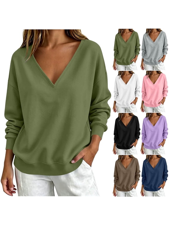 Womens V Neck Oversized Sweatshirts Casual Drop Shoulder Long Sleeve Pullover Tops Solid Lightweight Fall Sweat Shirts