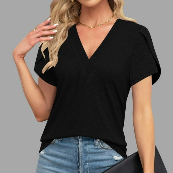 Frostluinai Womens V Neck Tunic Shirts Petal Sleeve Lounge Tops Solid Color Tunic Shirts Casual Dressy Business Work Office Tee Shirts