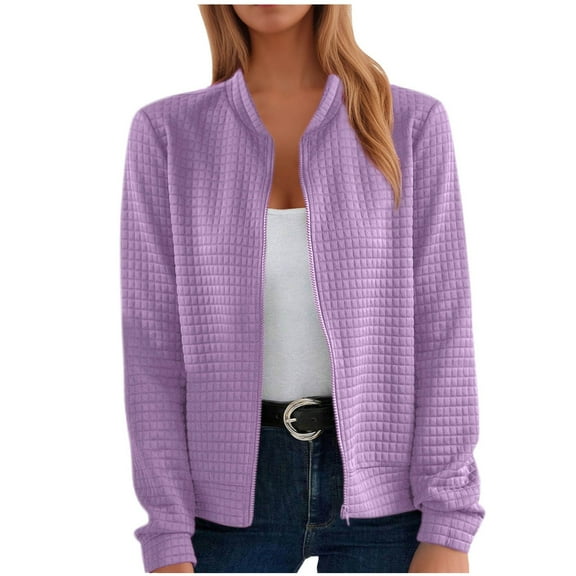 Frostluinai Womens Waffle Knit Jacket Zip Up Long Sleeve Solid Color Cardigan Lightweight Fall Comzy Coats Lounge Outerwear no Hood