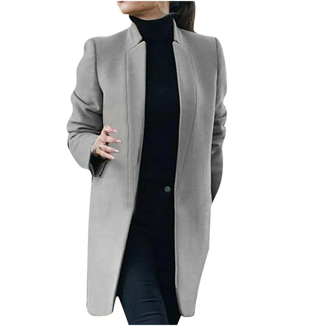 Frostluinai Womens Winter Wool Blend Coats Stand Collar Open Front Pea Coats Long Sleeve Solid Overcoats Plus Size Winter Coats with Pocket