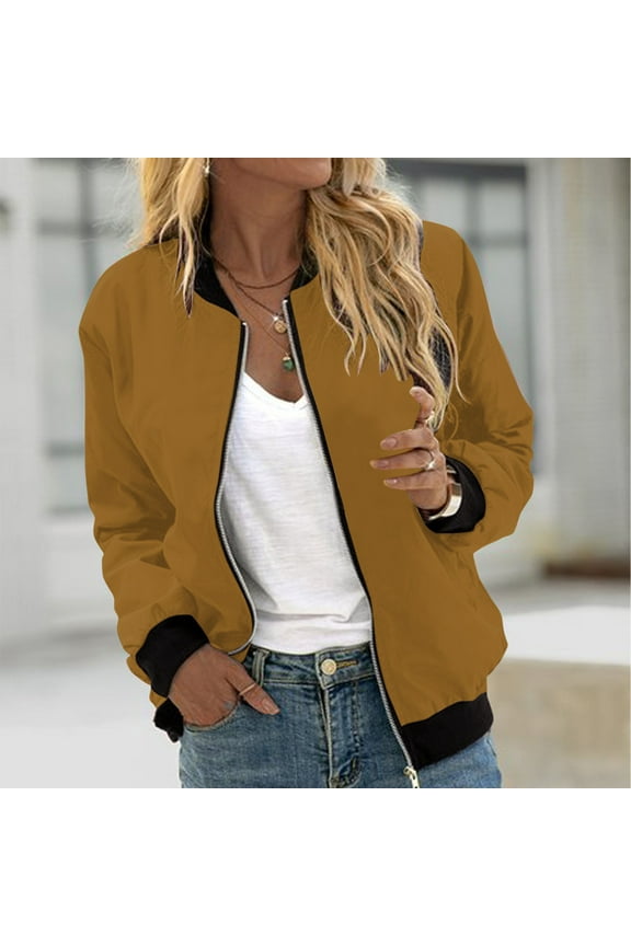 Womens Zip Up Bomber Jackets Long Sleeve Fashion Jackets Casual Solid Color Fall Jacket Coats Lightweight Comzy Outerwear with Pocket