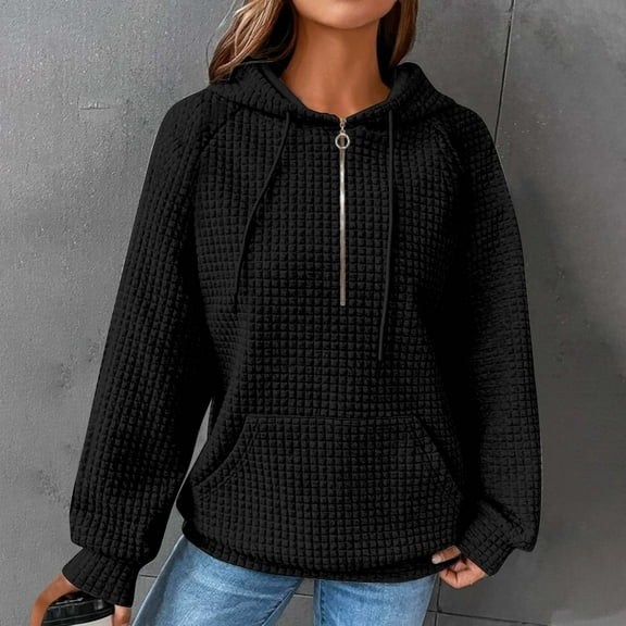 Frostluinai Womens Zip Up Hoodies Drawstring Long Sleeve Casual Pullover Trendy Waffle Print Sweatshirts with Hooded Soft Hoodies with Pocket