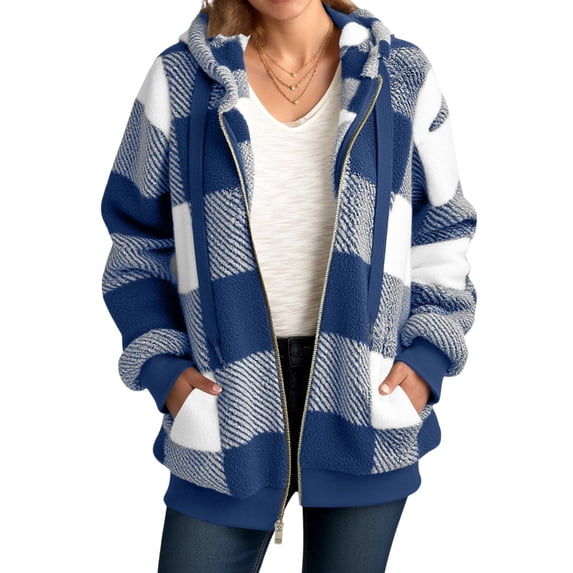 Frostluinai Womens Zip Up Jacket Fuzzy Fleece Plaid Winter Coats Oversized Hooded Color Block Jacket Coats Outerwear with Pockets