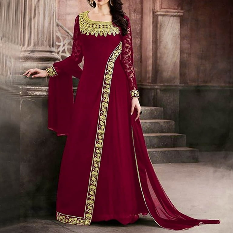 Frostluinai Womens eid special Ethnic Dress Lace Long Sleeve Maxi Dress Party wear Anarkali Gown for women LT Plus Size Vintage Court Dresses Walmart