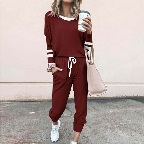 Frostluinai Workout Sets for Women Long Sleeve Striped Lounge Sets Two Piece Elastic Waist Drawstring Running Sweatsuits Plus Size Sets with Pocket
