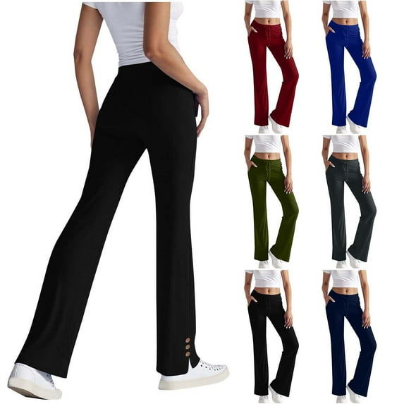 Frostluinai Yoga Bootcut Pants for Women High Waist Stretchy Slit Flare Pants Solid Slim Fit Workout Sport Bell Bottom Pants with Pocket