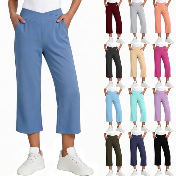 Frostluinai Yoga Capri Pants for Women High Waist V Crossover Baggy Wide Leg Pants Solid Casual Workout Gym Cropped Trousers with Pocket