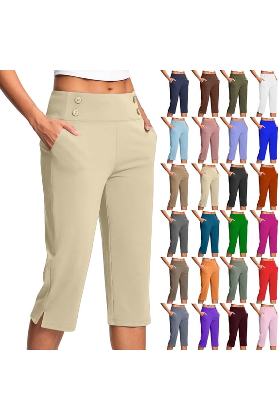 Yoga Capris for Womens High Waist Straight Leg Pants Stretch Slim Fit Capris Solid Color Gym Trousers Slit Hem Capris with Pocket