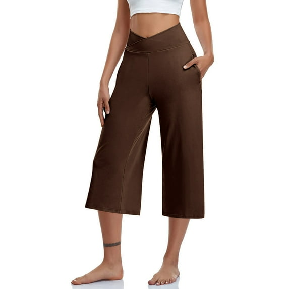 Frostluinai Yoga Capris with Pockets for Women Stretch High Wisted Capris Plus Size Wide Leg Pants Soft Solid Color Sweatpants Casual Capris