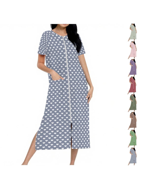 Zip Front Long Bathrobe Nightgown for Women Raglan Short Sleeve Crew Neck Lave Heart House Dress Mid-Calf Length with Pockets Soft Loose Fit All Season Loungewear