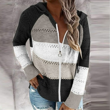 Frostluinai Zip Up Hoodies for Women Color Block Hooded Sweaters Long Sleeve Hollow Out Cardigan Jackets Vintage Fall Knit Sweater Cardigans