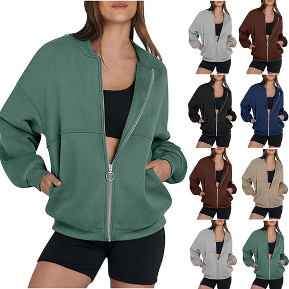 Frostluinai Zip Up Sweatshirt Jacket for Women Oversized Long Sleeve Jacket Coats Solid Loose Fit Outwear Warm Fleece Lined Sweatshirt with Pocket
