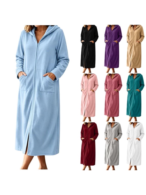 Zipper Robe for Women Polar Fleece Long Bath Robe Soft Housecoat Hooded Bathrobe Full Length Robe with Pockets Warm Robe Loungewear for Shower S-3XL