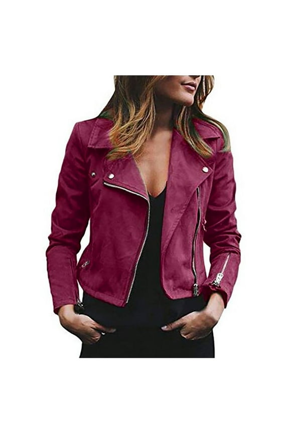 leather jacket women motorcycle coat for bike Womens deerskin short lapel Long Sleeve Open Front Short Cardigan Zipper Jacket Coat Top