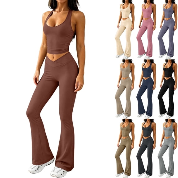 Frostluinai Womens Workout Sets 2 Piece Gym Yoga Outfits Crossover Flare Leggings Crop Tank Tops High Waist Sleeveless with Built in Bra S-2XL
