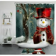 Frosty Delight: Enchanting Snowman Shower Curtain with Joyful Winter Holiday Accents