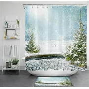 Frosty Delight Shower Curtain Set: A Winter Wonderland with Presents and a Festive Tree in Water-Resistant Fabric