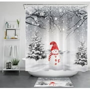 Frosty Forest Delight: Snowy Pines and Jolly Snowmen Shower Curtain Set for a Winter Wonderland Vibe