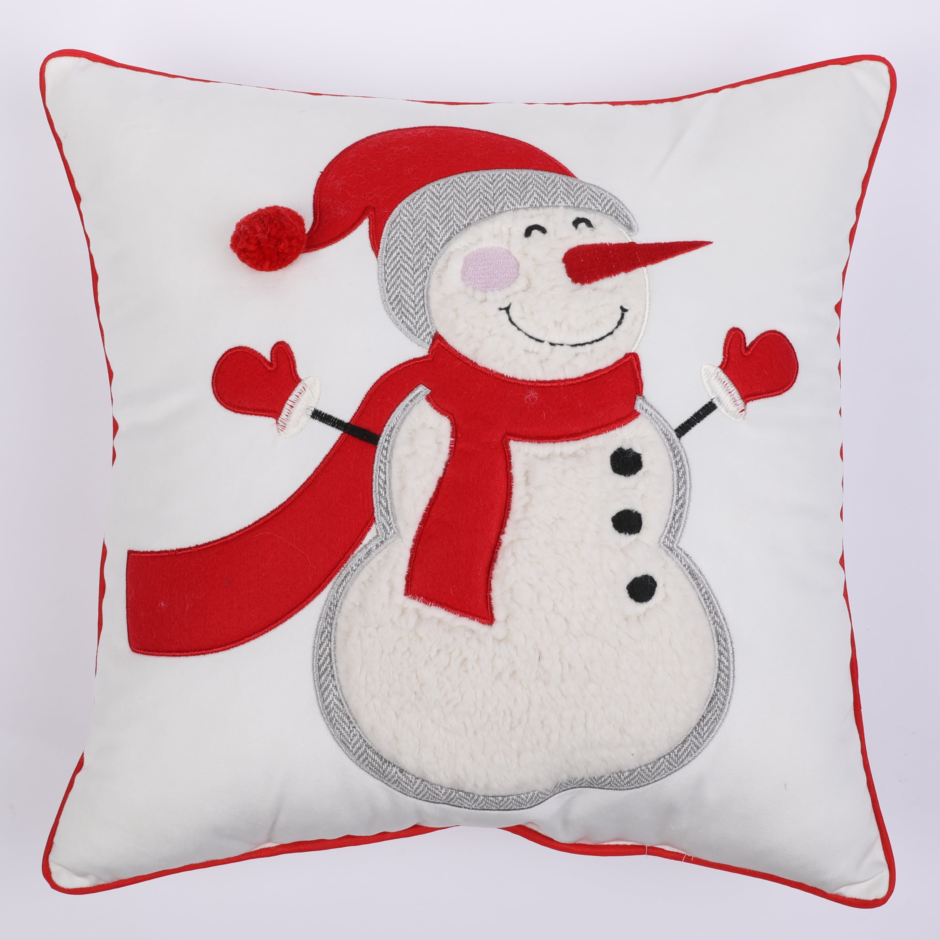 Festive Snowman Applique Red Scarf Square Throw Pillow