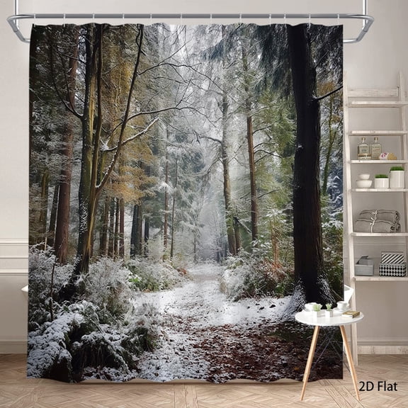 Frosty Snow Covered Pine Forest Winter Trail Nature Print Shower Curtain With Hooks Cold Winter Woodland Bathroom Decor