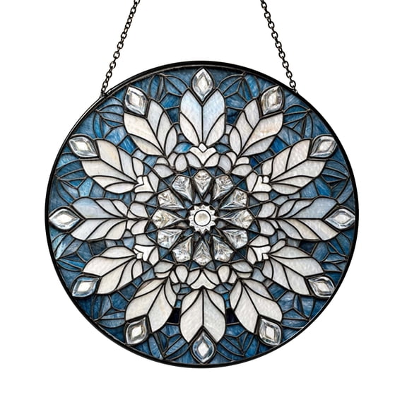 Frosty Snowflake Scene Stained Glass Style Window Hanging Suncatcher, Cool Winter Season Decor Gift