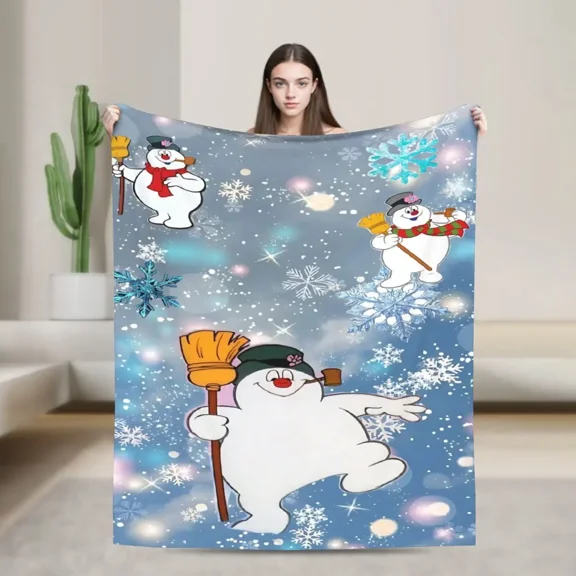 Frosty Snowman Christmas Flannel Throw Blanket, Cute Winter Snowflake Cartoon Print, Soft Cozy Blanket for Couch Bed Sofa, Holiday Bedroom Decor, Christmas Gift