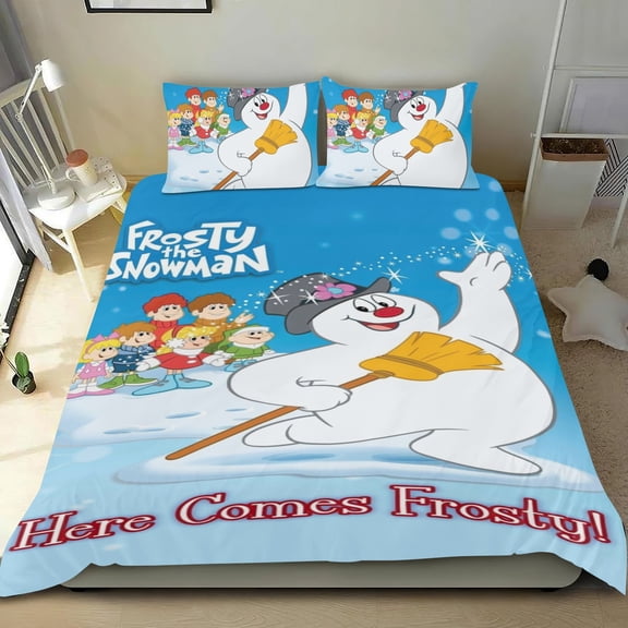 Frosty the Snowman Themed Bed Sheet Set Three Piece Set 78x86 Inches Comfortable And Skin Friendly Unique Design Creating A Star Studded Night Home Decor Gifts For Family Friends fans