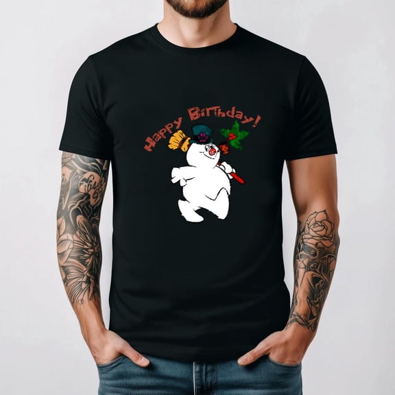 Frosty The Snowman Happy Birthday Funny Distressed Xmas Retro Unisex T-Shirt, for men & women, up to size 5XL.