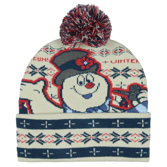 Frosty The Snowman Men's Beanie Winter Fun Fair Isle Frosty Design Fold Cuff Top Pom Knit Beanie Hat OSFM