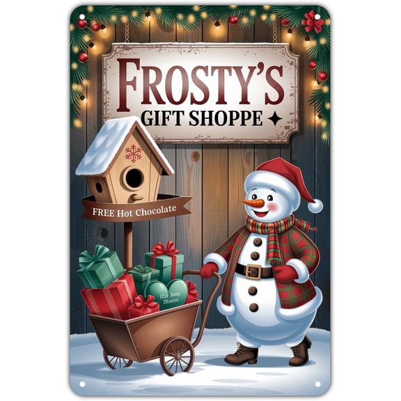 Frosty's Gift Shoppe tin sign, Vintage Christmas Snowman Metal Sign print Aesthetic Room Decoration for Home Bedroom Kitchen Bar Coffee Bathroom Indoor Outdoor Wall Decor, 8 X 12 IN