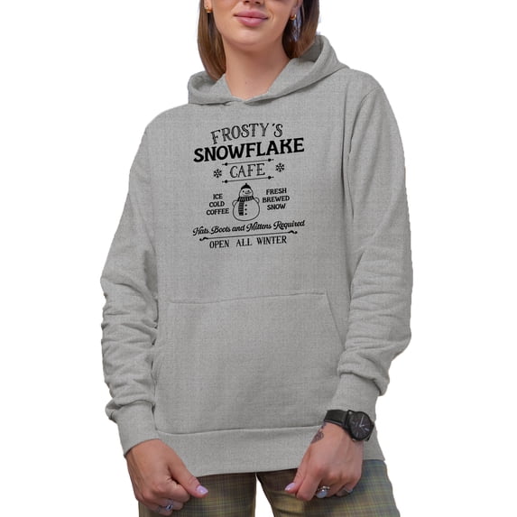 Frosty's Snowflake Cafe with a Snowman, Witty Christmas Shop Sign Art Merch Gift, Heather Grey Hooded Sweatshirt or Hoodie, Large