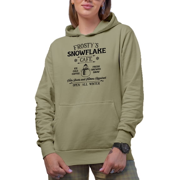 Frosty's Snowflake Cafe with a Snowman, Witty Christmas Shop Sign Art Merch Gift, Sand Hooded Sweatshirt or Hoodie, Medium