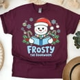thumbnail image 1 of Frosty the Bookworm Shirt | Cute Snowman Reading Holiday Tee, Maroon, Size L, 1 of 6