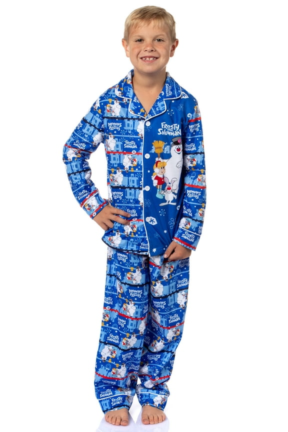Frosty the Snowman Boy's Christmas Sleep Collared Button Down Long-Sleeve Pajama Set