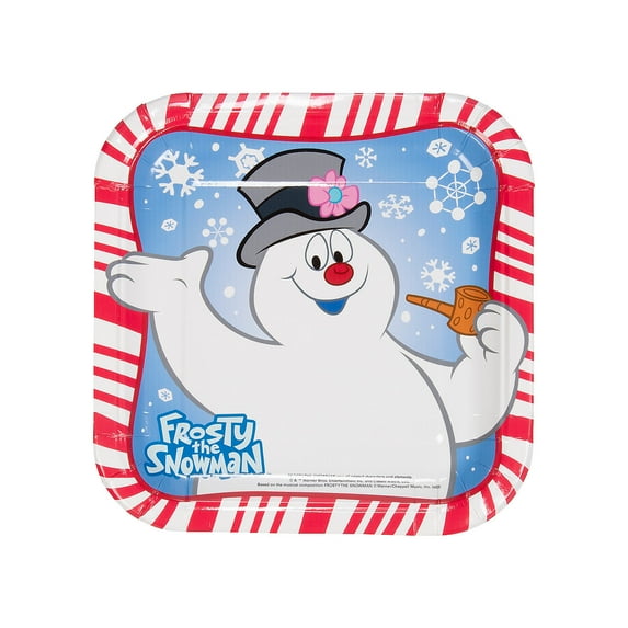 Frosty the Snowman Square Paper Dinner Plates with Peppermint Trim - 8 count