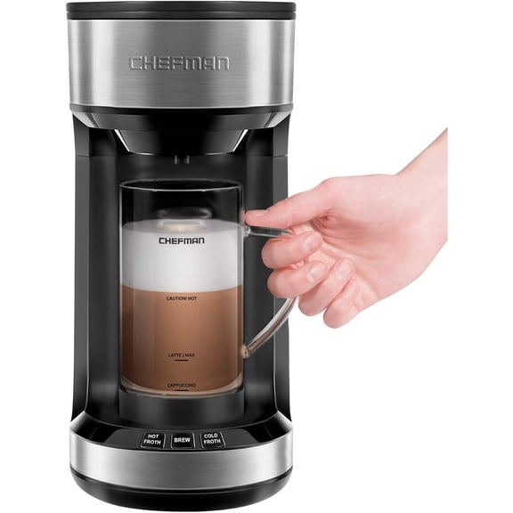 Froth + Brew Coffee Maker and Milk Frother Single Serve Brewer for K-Cup Pods & Grounds for Latte and Cappuccino Style Drinks, Compact 20 oz. Glass Mug and Reusable Filter Included, 21 oz By Chefman