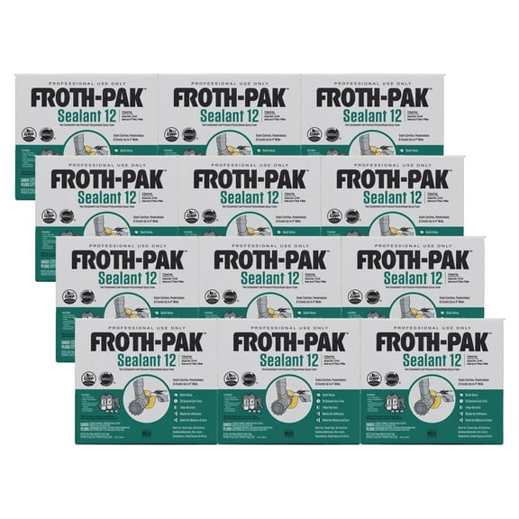Froth-Pak 12 Spray Foam Sealant Kit, 3ft Hose, 12-Pack. Seals Cavities, Penetrations & Gaps. Yields Up to 12 Board ft. at 2 Thick, 4 Width. Two Component, Polyurethane, Closed Cell