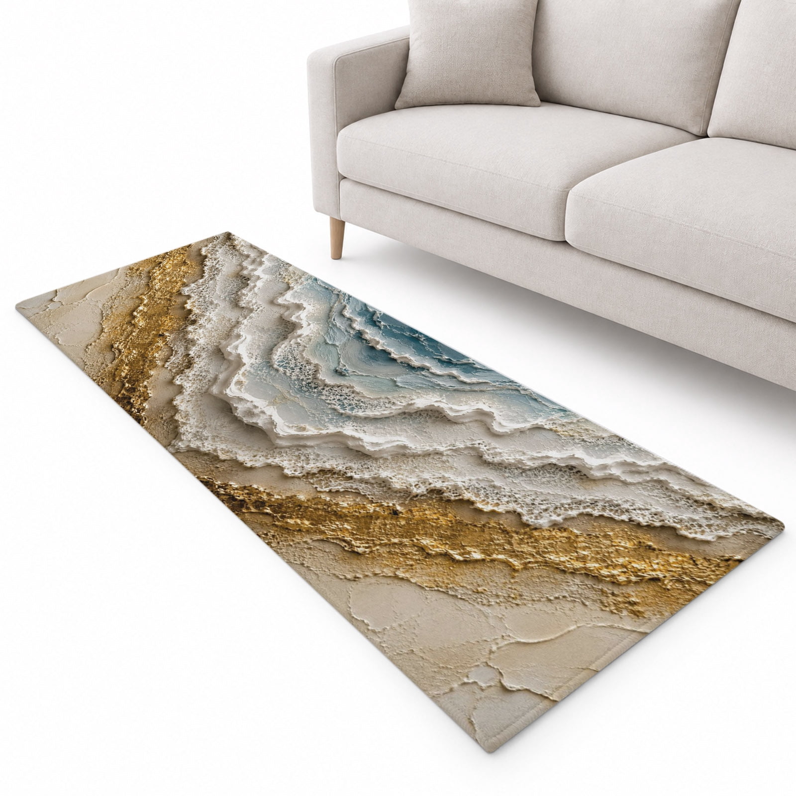 Frothy White Foam Runner Rug 2'x6', Coastal Abstract Sculpted Wave ...