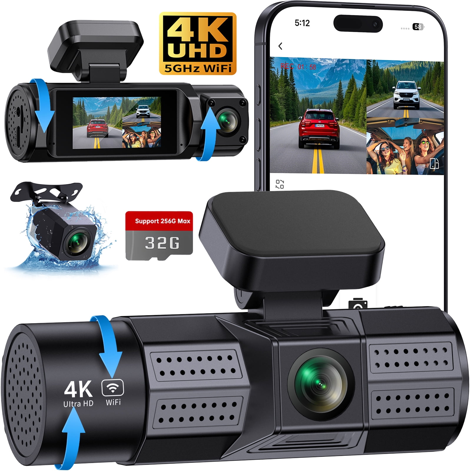 Walmart Coupons of Dash Cam, 3 Channel Dash Cam, Froura 4K+1080P Dash Cam Front and Rear Inside, Triple Car Camera with Wi-Fi and App Control, 32GB Card, WDR, G-Sensor, 24H Parking, Loop Recording, Night Vision, Black
