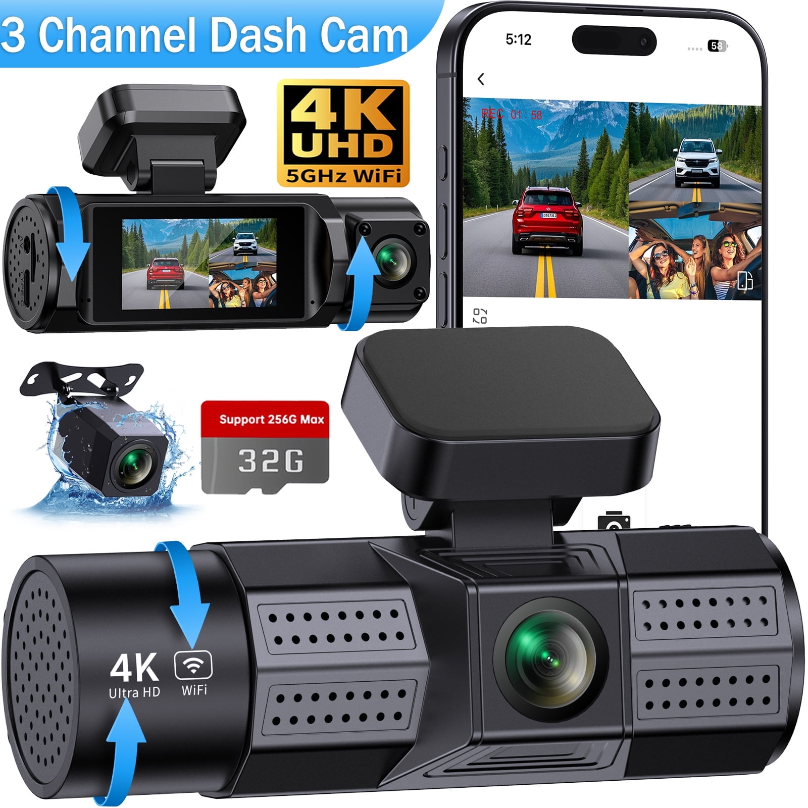 Dash Cam, 3 Channel Dash Cam, Froura 4K+1080P Dash Cam Front and Rear ...