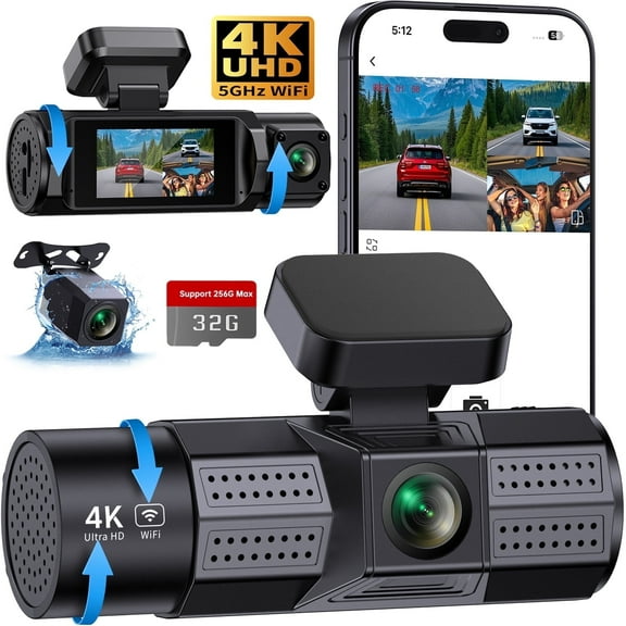 Dash Cam, Froura 4K Dash Cam Front and Rear Inside, 3 Channel Car Camera with Wi-Fi and App Control, WDR, 32GB Card, Support 256GB Max, Black