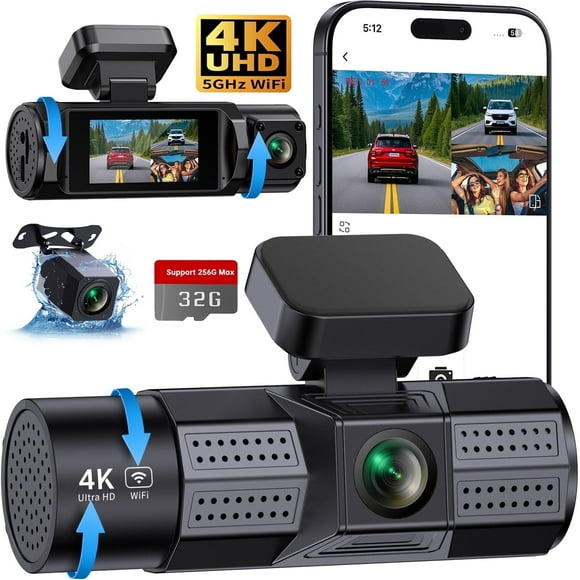 Dash Cam, Froura 4K Dash Cam Front and Rear Inside, 3 Channel Car Camera with Wi-Fi and App Control, WDR, 32GB Card, Support 256GB Max, Black